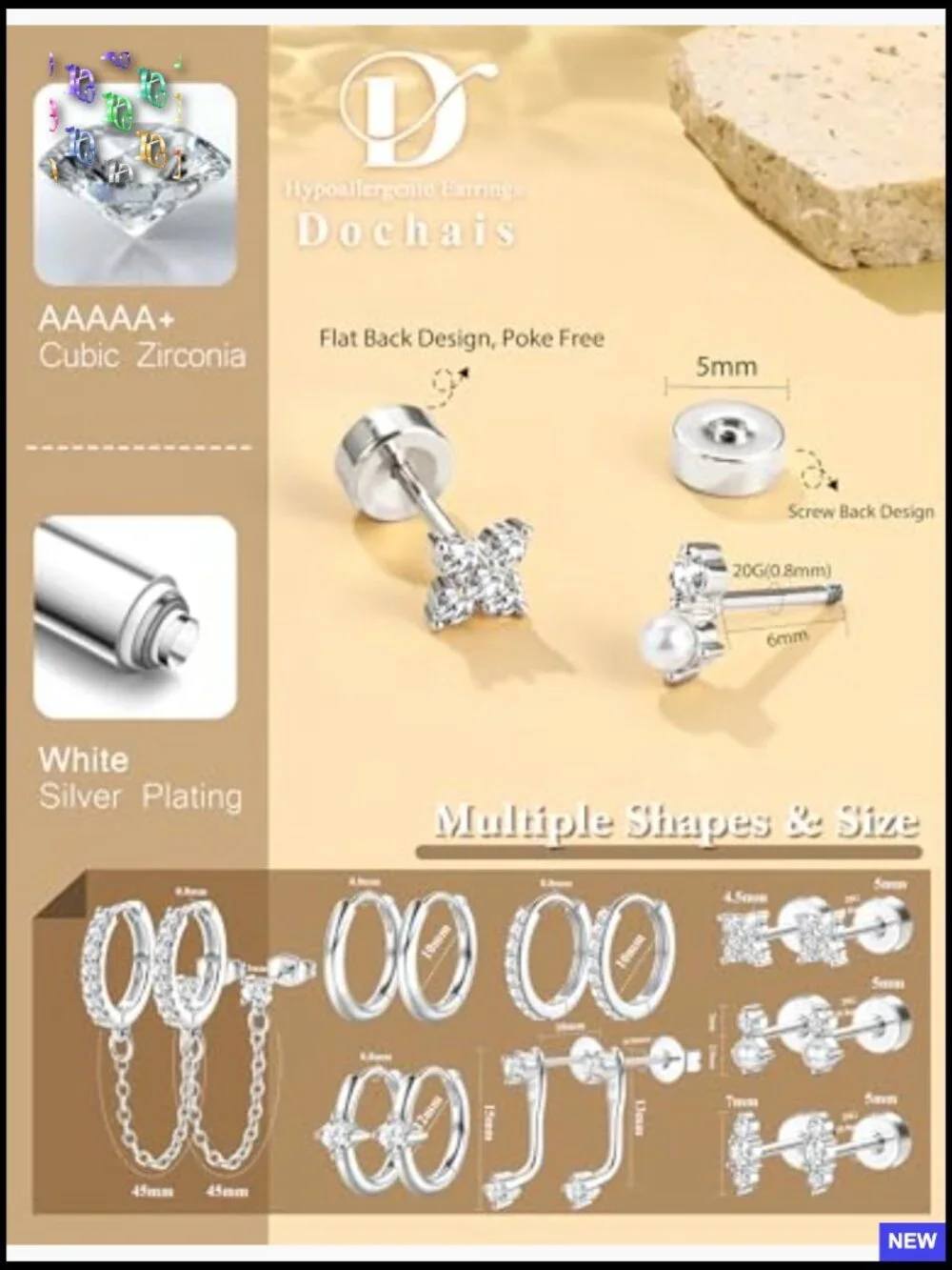 Hypoallergenic Flatback Stud Hoop 14K Gold Plated Earring Set Surgical Steel